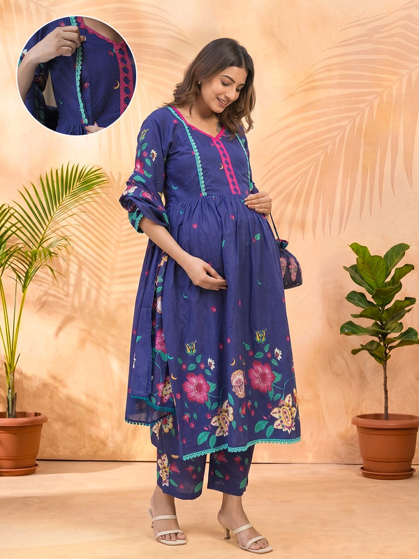 Royal Blue Floral Printed Maternity Feeding Kurta Set with Dupatta