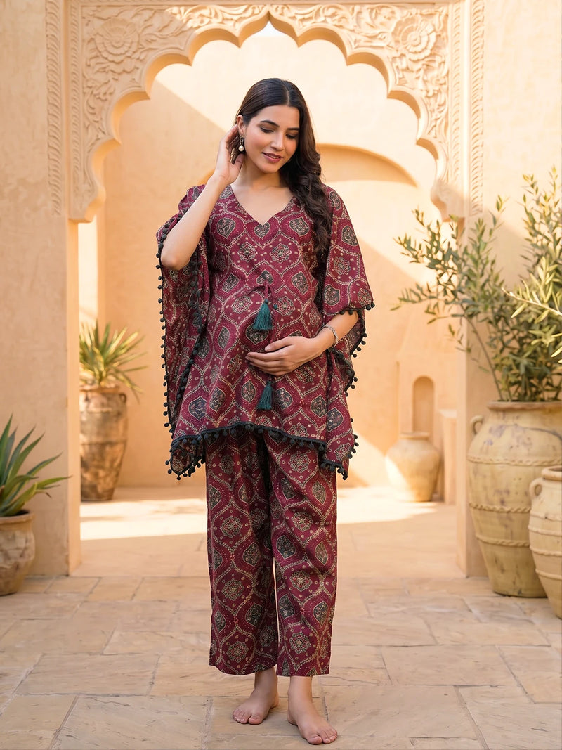 Maroon Grey Ethnic Printed Maternity Feeding Kaftan Night Suit
