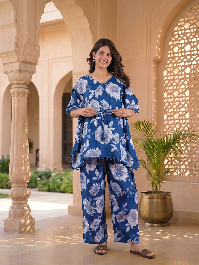 royal-blue-floral-print-maternity-&-feeding-friendly-kaftan-night-suit-with-concealed-zipper
