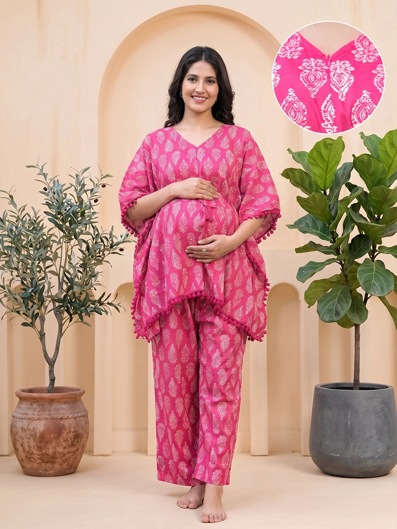 Fuchsia Ethnic Printed Maternity & Feeding Night Suit