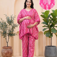 Fuchsia Ethnic Printed Maternity & Feeding Night Suit