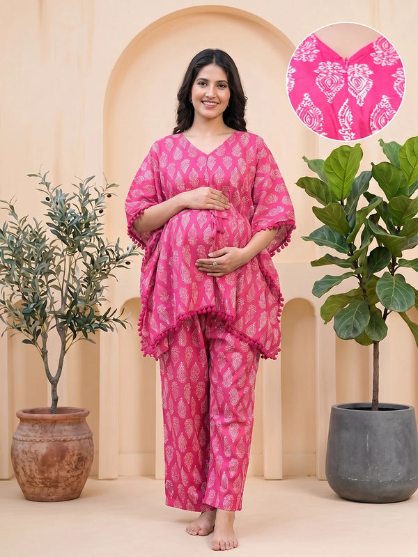 Fuchsia Ethnic Printed Maternity & Feeding Night Suit