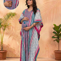 Teal Blue Ethnic Print Maternity & Feeding Kaftan Dress
