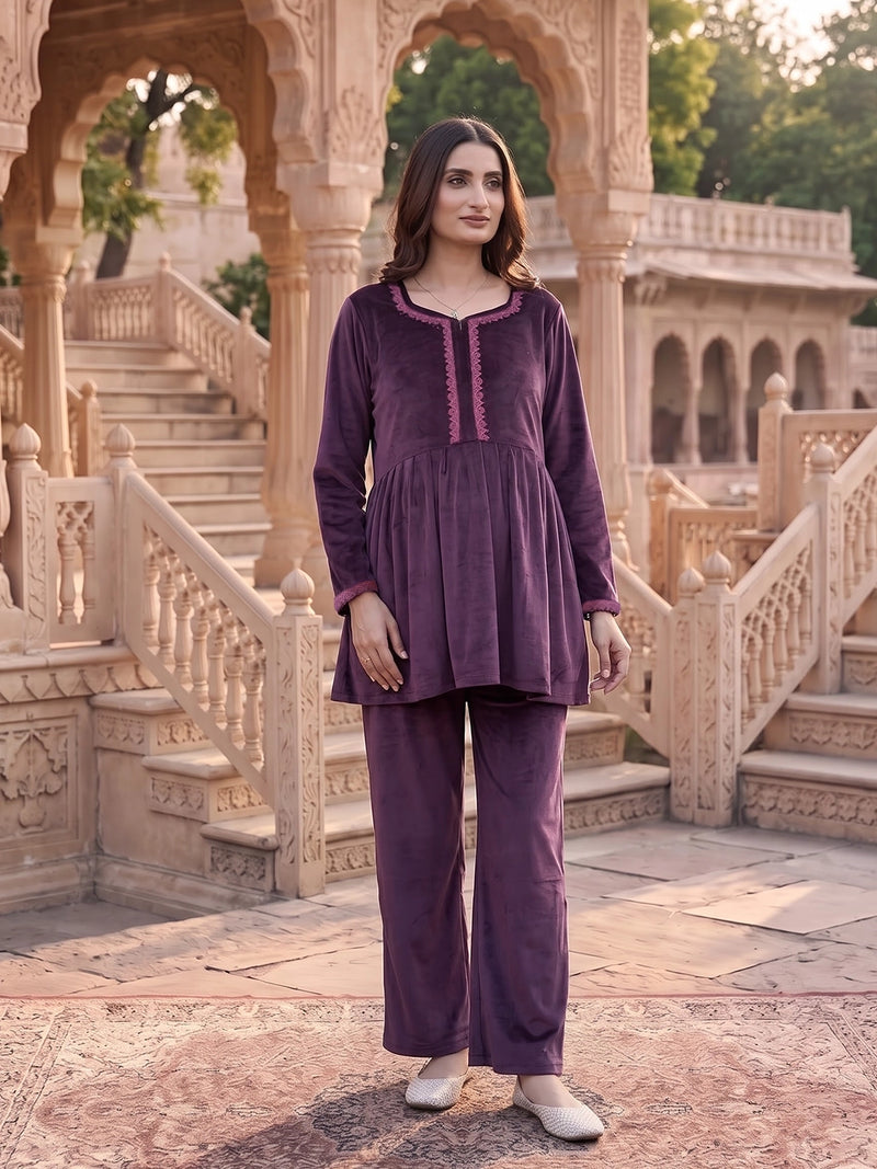 Plum Velvet Maternity Feeding Night Suit
