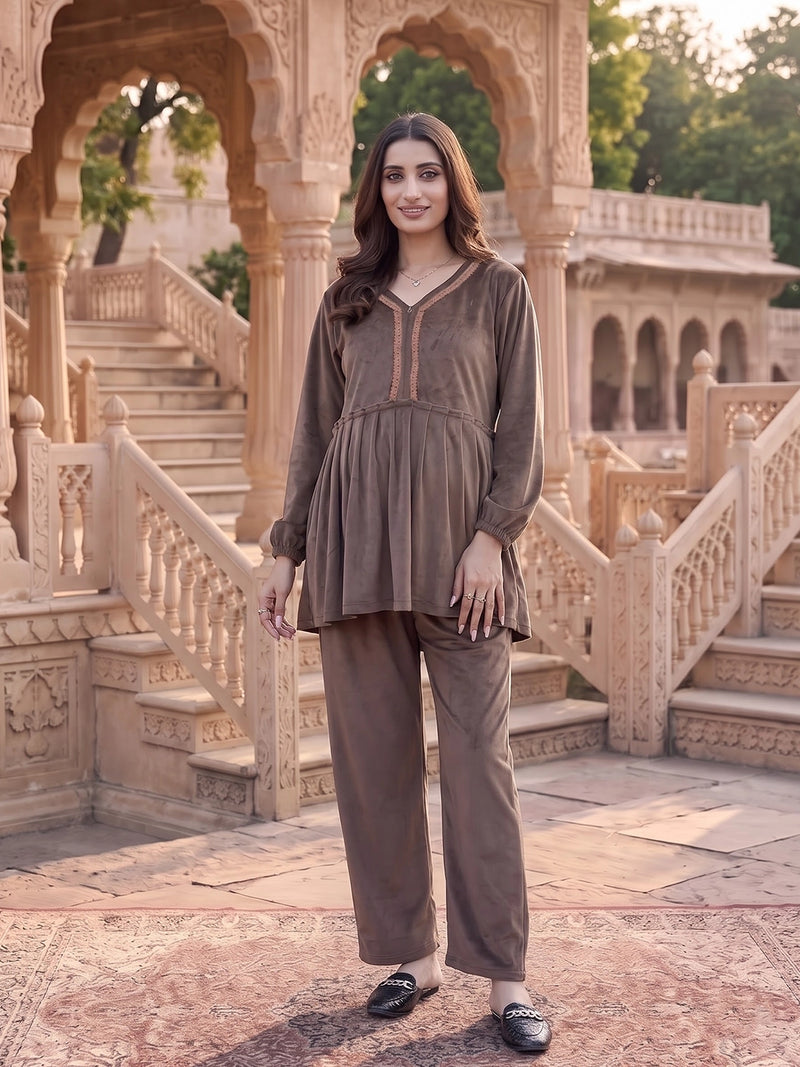 Taupe Velvet Maternity Feeding Night Suit