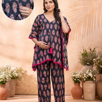 Black Fuchsia Printed Maternity Feeding Kaftan Night Suit