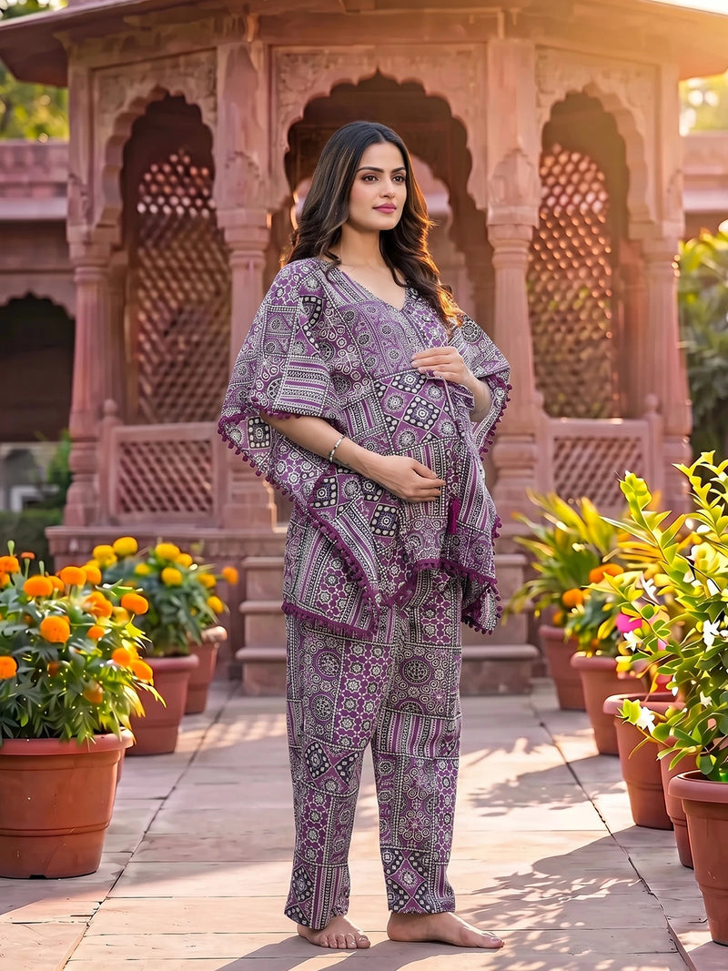 Purple Ethnic Print Maternity Feeding-Friendly Kaftan Night Suit with Concealed Zipper