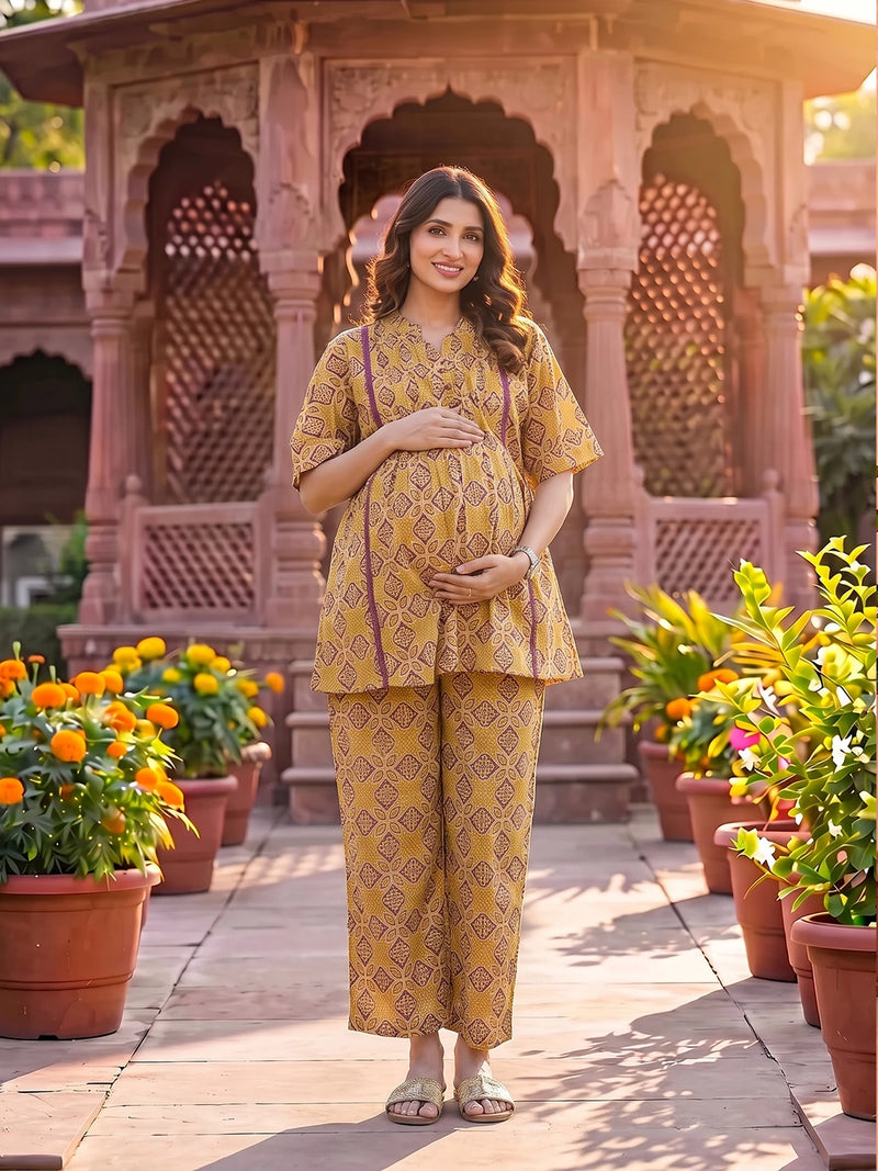 Mustard Printed Cotton Maternity Feeding-Friendly Night Suit