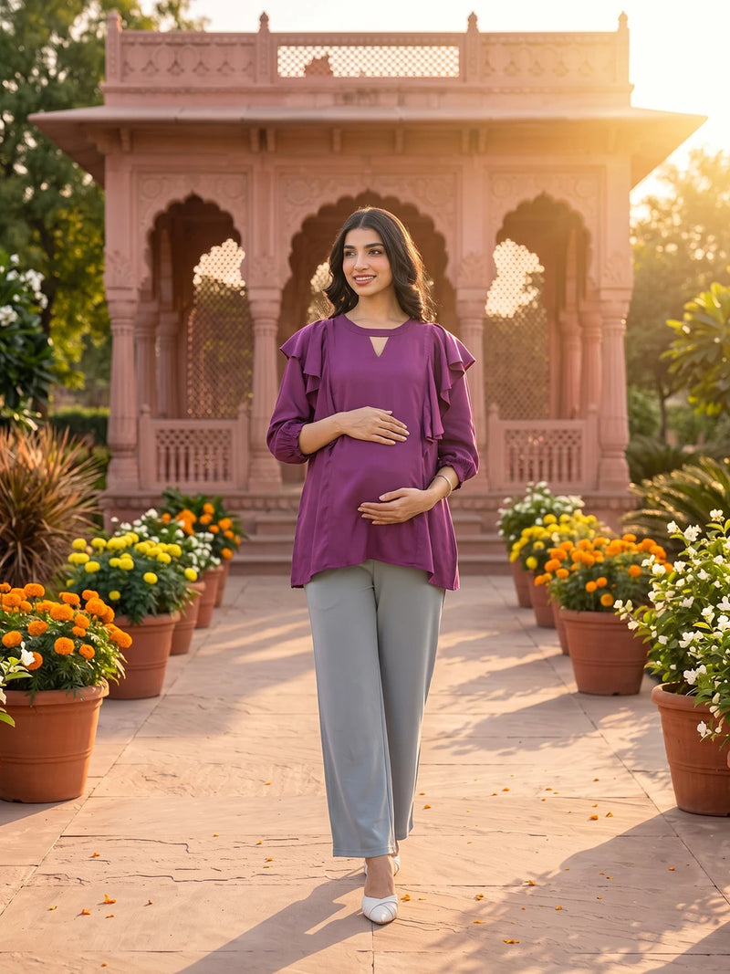 Plum Jewell Neck Ruffled Maternity & Feeding Top with Concealed Zipper