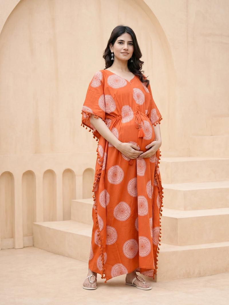 Orange Ethnic Print Maternity & Feeding Kaftan Dress