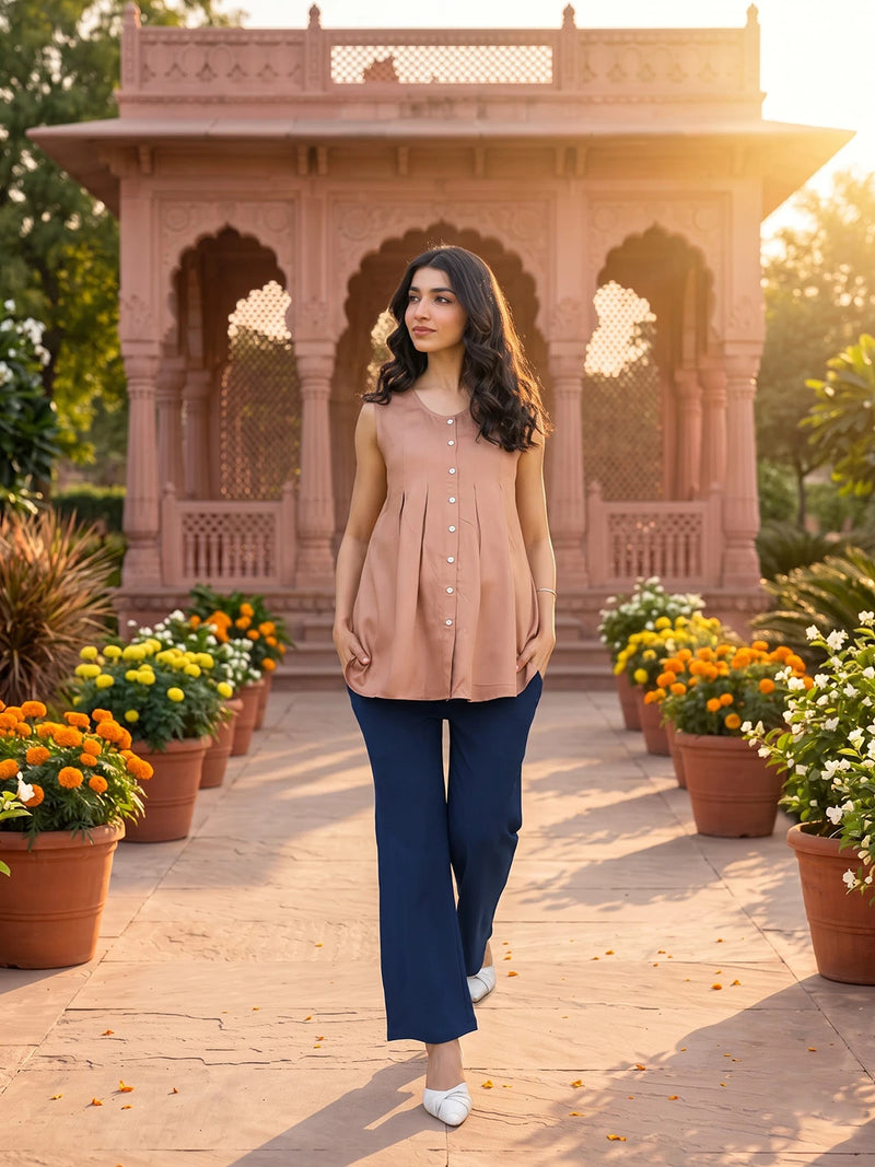 Taupe Green Pleated Maternity Feeding-Friendly Top