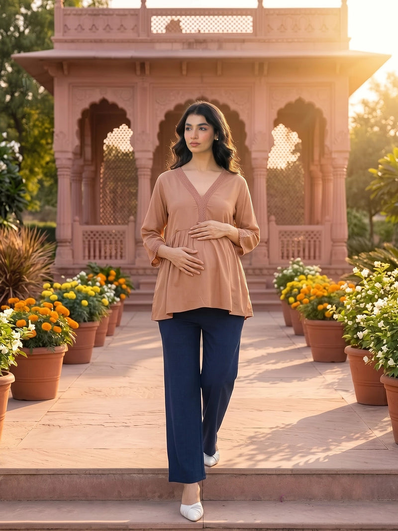 Taupe Lace Neck Maternity & Feeding Top with Concealed Zipper