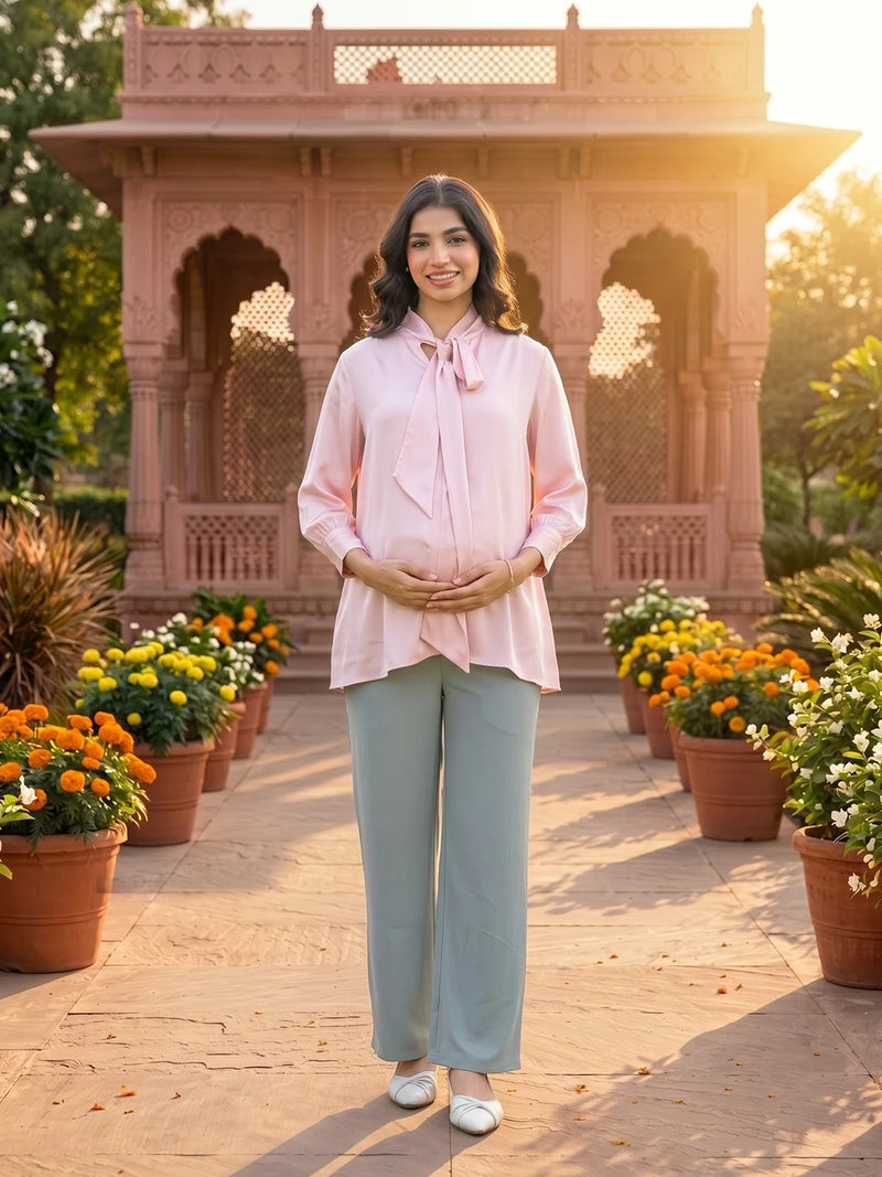 Light Pink Tie-up Neck Maternity Feeding-Friendly Top