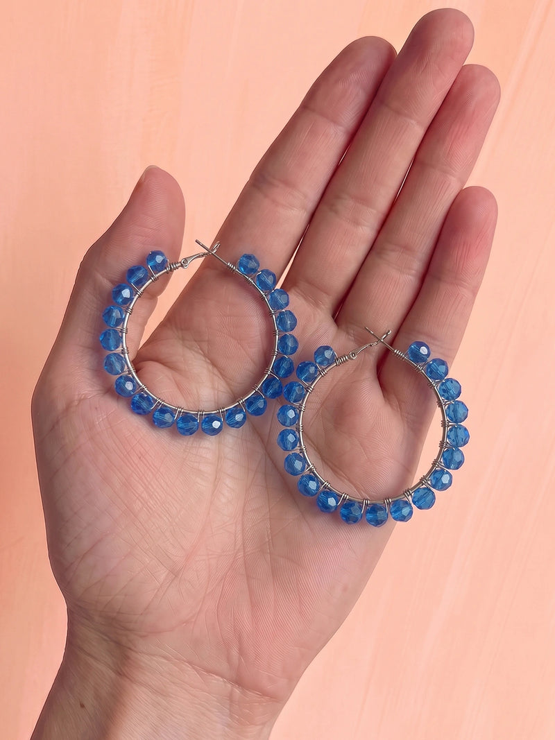 Azure Twinkling Beads Handcrafted Hoop Earrings – Blue