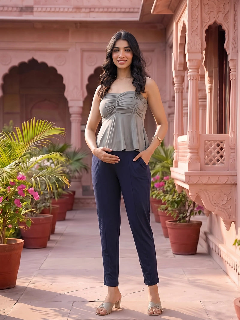 Navy Blue Mid-Rise Stretch Waist Maternity Comfort Pant