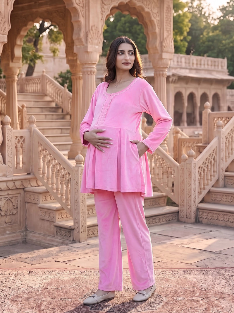 Pink Velvet Maternity Feeding Night Suit