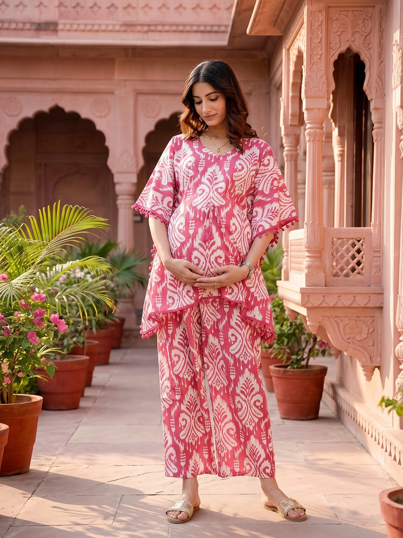 Fuchsia Printed Cotton Maternity Feeding-Friendly Kaftan Night Suit