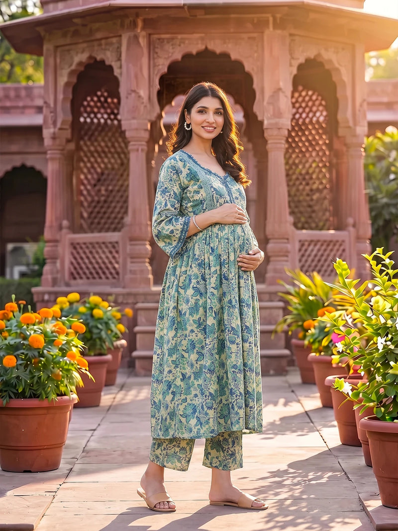 Teal Green Cotton Printed Maternity & Feeding Kurta Set with Dupatta