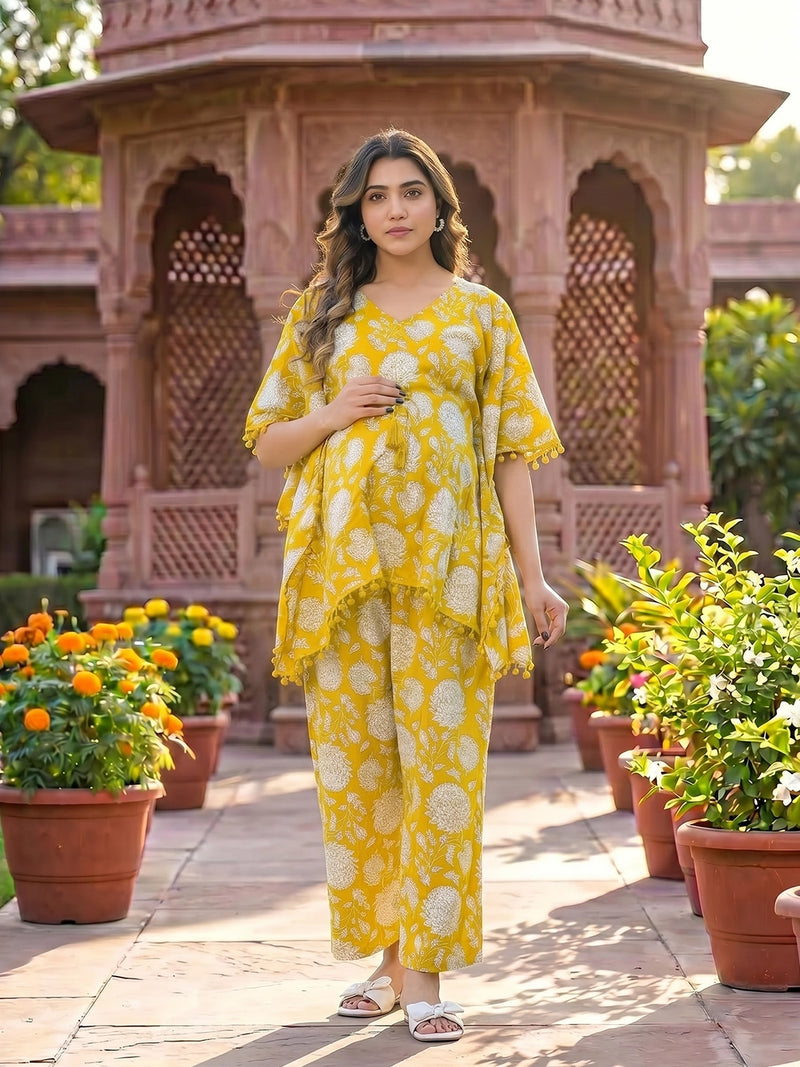Mustard Floral Printed Maternity Feeding Kaftan Night Suit