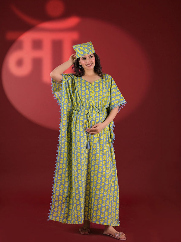 Grey Yellow Floral Print Cotton Maternity Feeding-Friendly Kaftan Dress