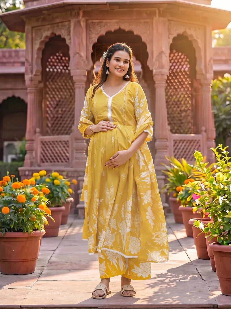 Yellow White Floral Print Cotton Maternity & Feeding-Friendly Flare Kurta Set with Dupatta
