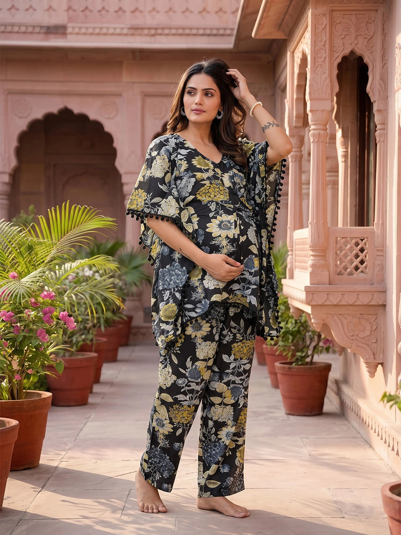 Black Floral Print Maternity Feeding-Friendly Kaftan Night Suit with Concealed Zipper
