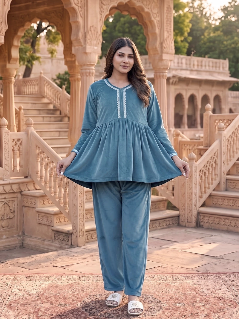 Teal Velvet Maternity Feeding Night Suit