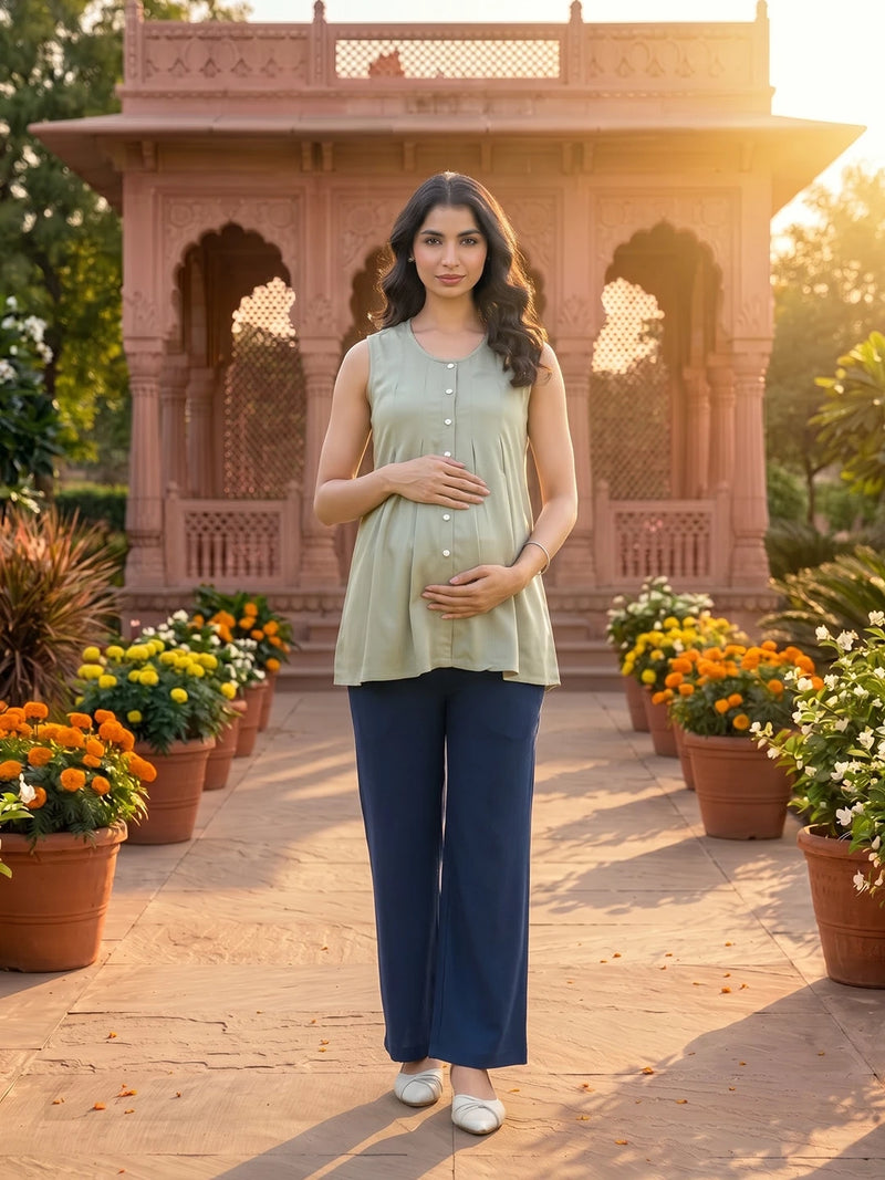 Olive Green Pleated Maternity Feeding-Friendly Top