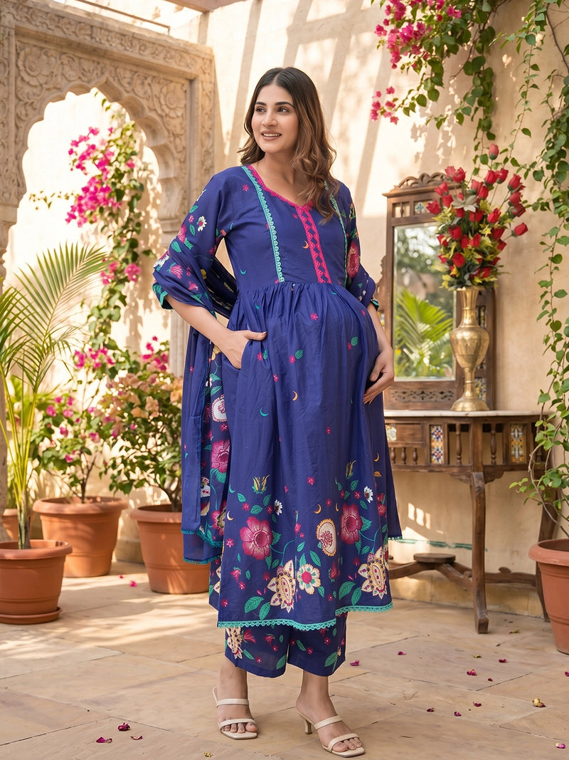 Royal Blue Floral Printed Maternity Feeding Kurta Set with Dupatta