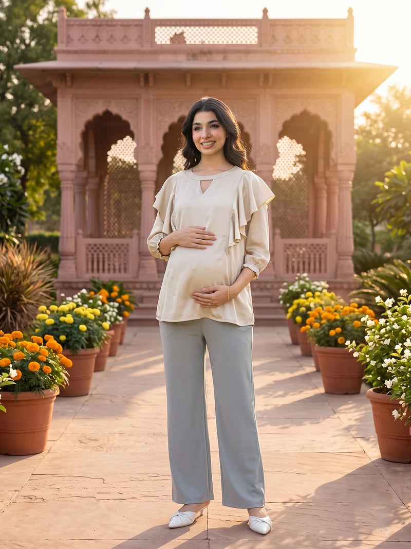 Beige Jewell Neck Ruffled Maternity & Feeding Top with Concealed Zipper