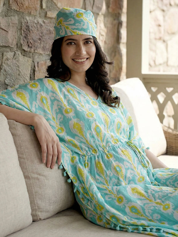 Turquoise Blue Ethnic Print Maternity & Feeding Kaftan Dress with Concealed Zipper