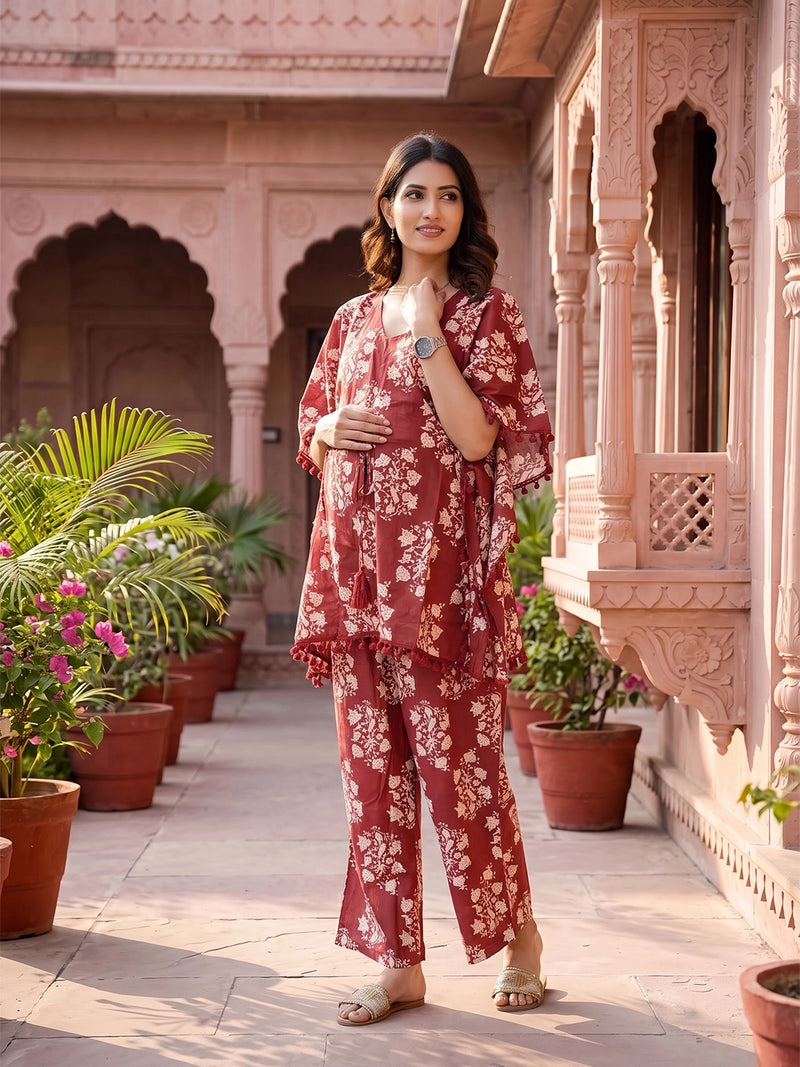 Maroon Printed Cotton Maternity Feeding-Friendly Kaftan Night Suit