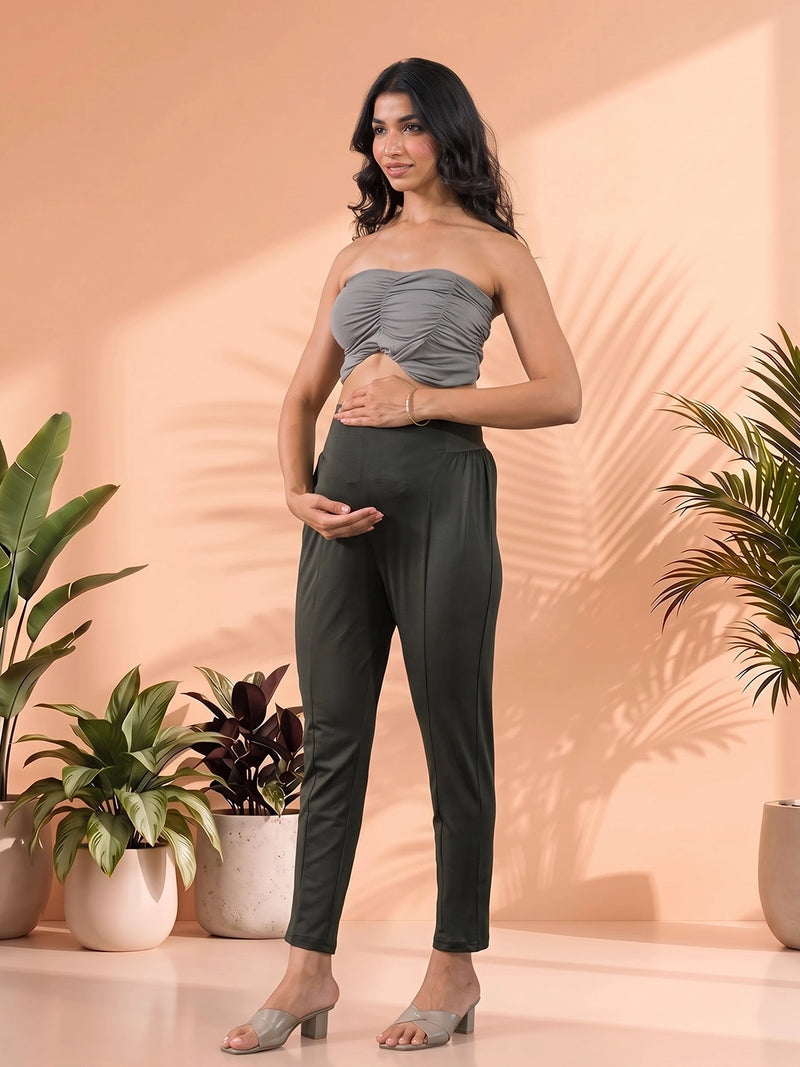Olive Green Mid-Rise Stretch Waist Maternity Comfort Pant