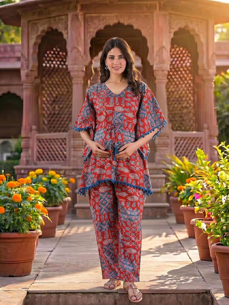 red-indigo-ethnic-print-maternity-feeding-friendly-kaftan-night-suit-with-concealed-zipper