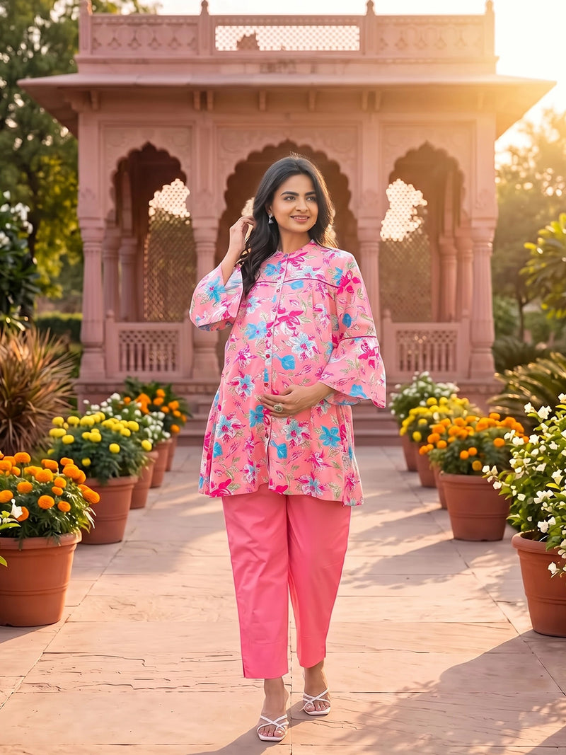 Pink Multi Floral Print Cotton Maternity Feeding-Friendly Top