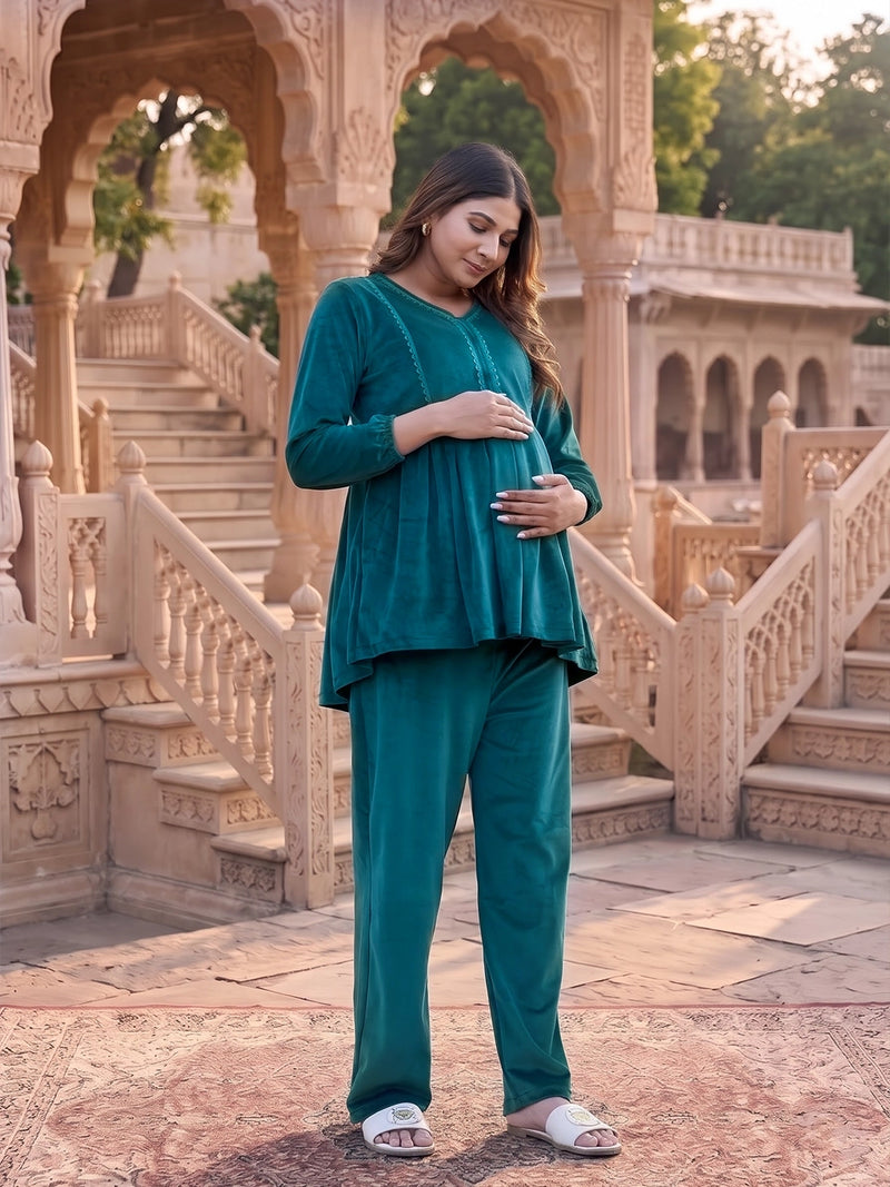 Dark Green Velvet Maternity Feeding Night Suit