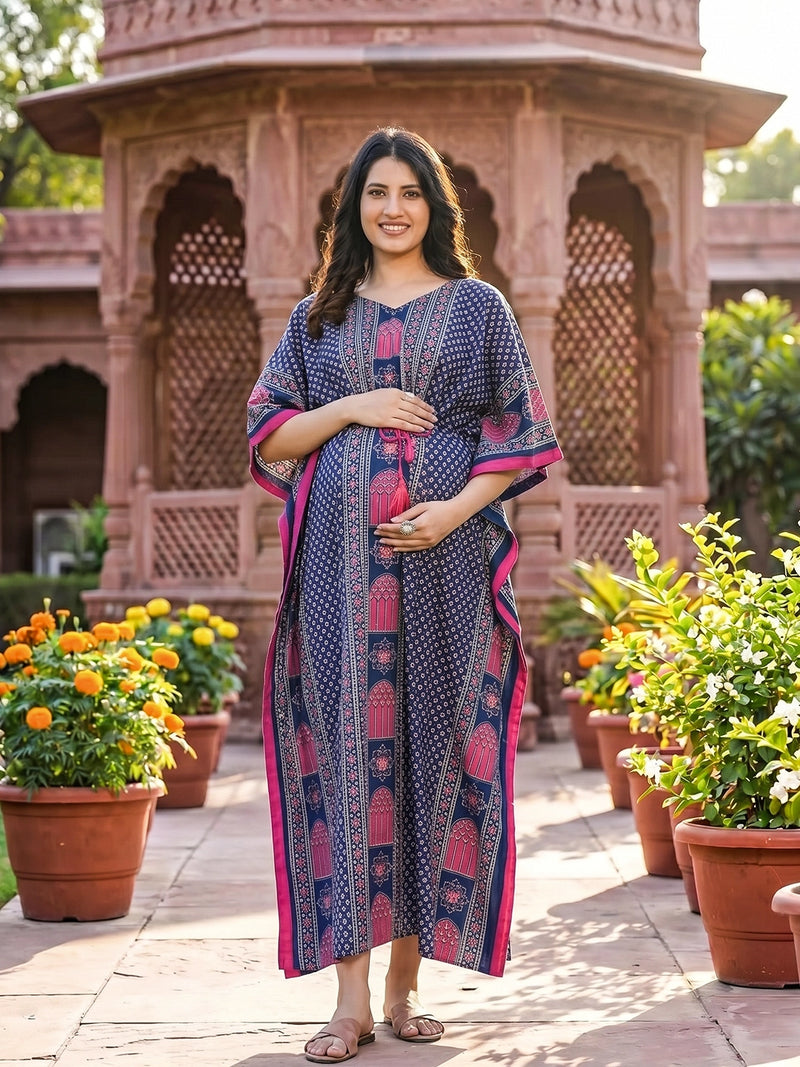 Indigo Multi Ethnic Motifs Printed Maternity Feeding Kaftan Dress