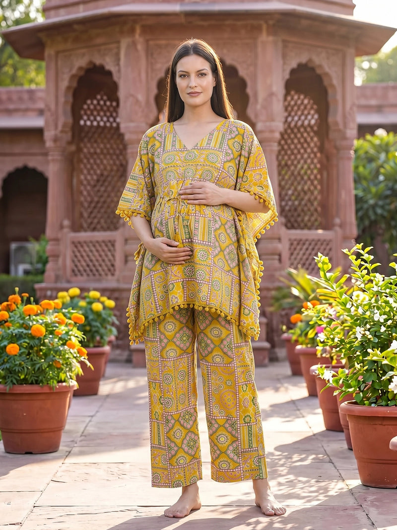 Mustard Geometric Print Maternity Feeding Kaftan Night Suit