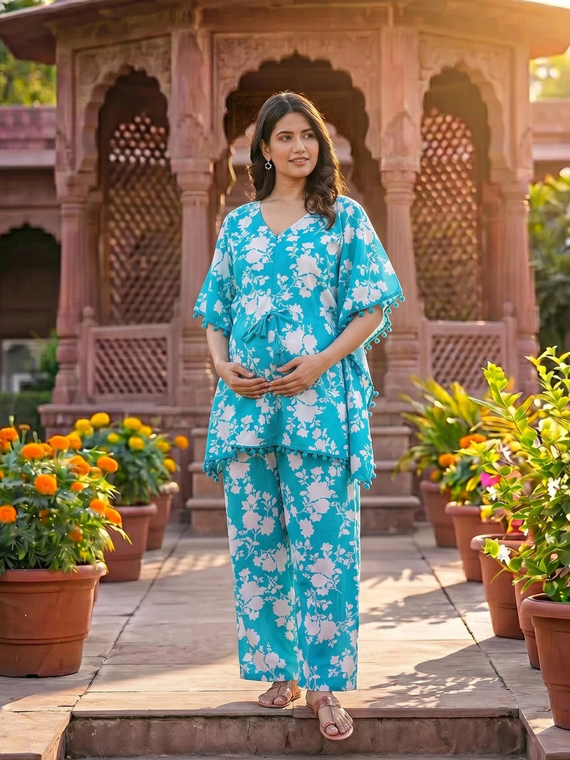 turquoise-white-floral-print-maternity-feeding-friendly-kaftan-night-suit-with-concealed-zipper