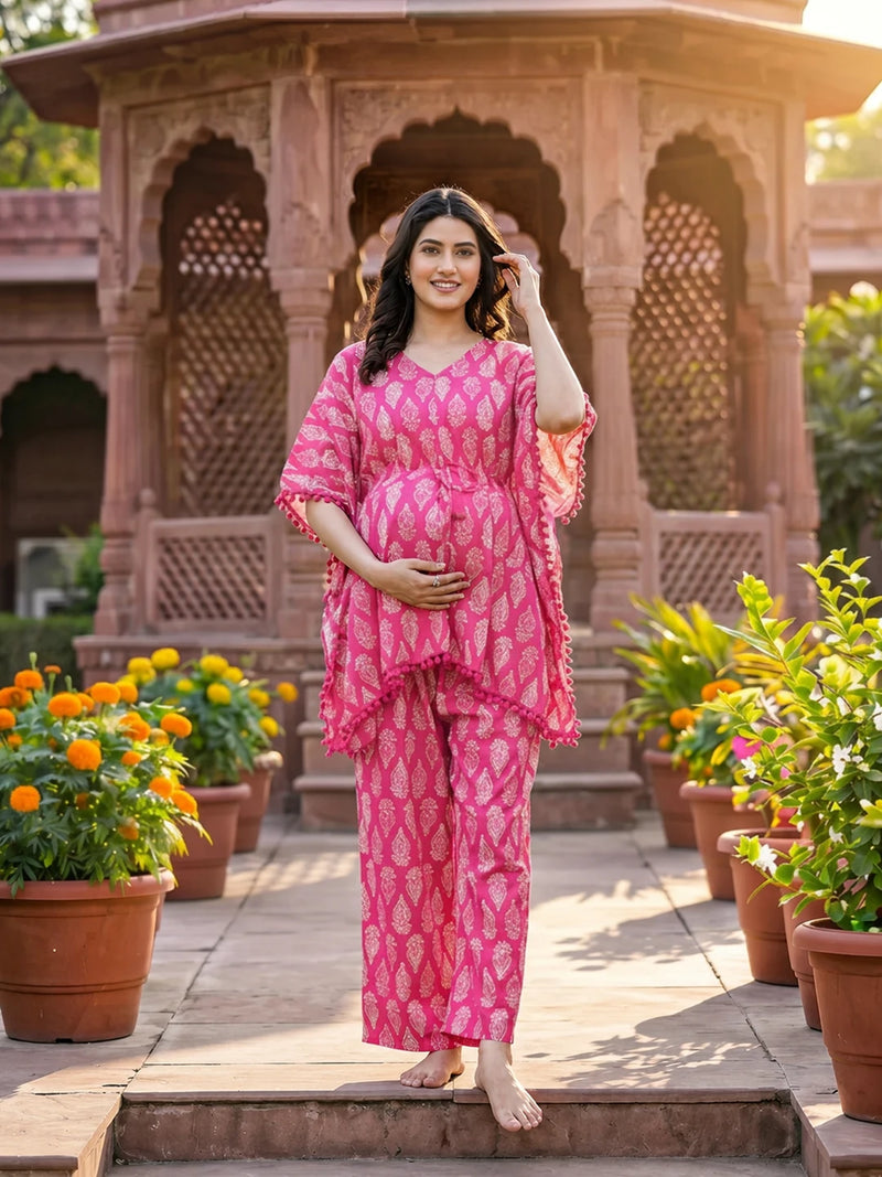 Fuchsia Ethnic Printed Maternity & Feeding Night Suit