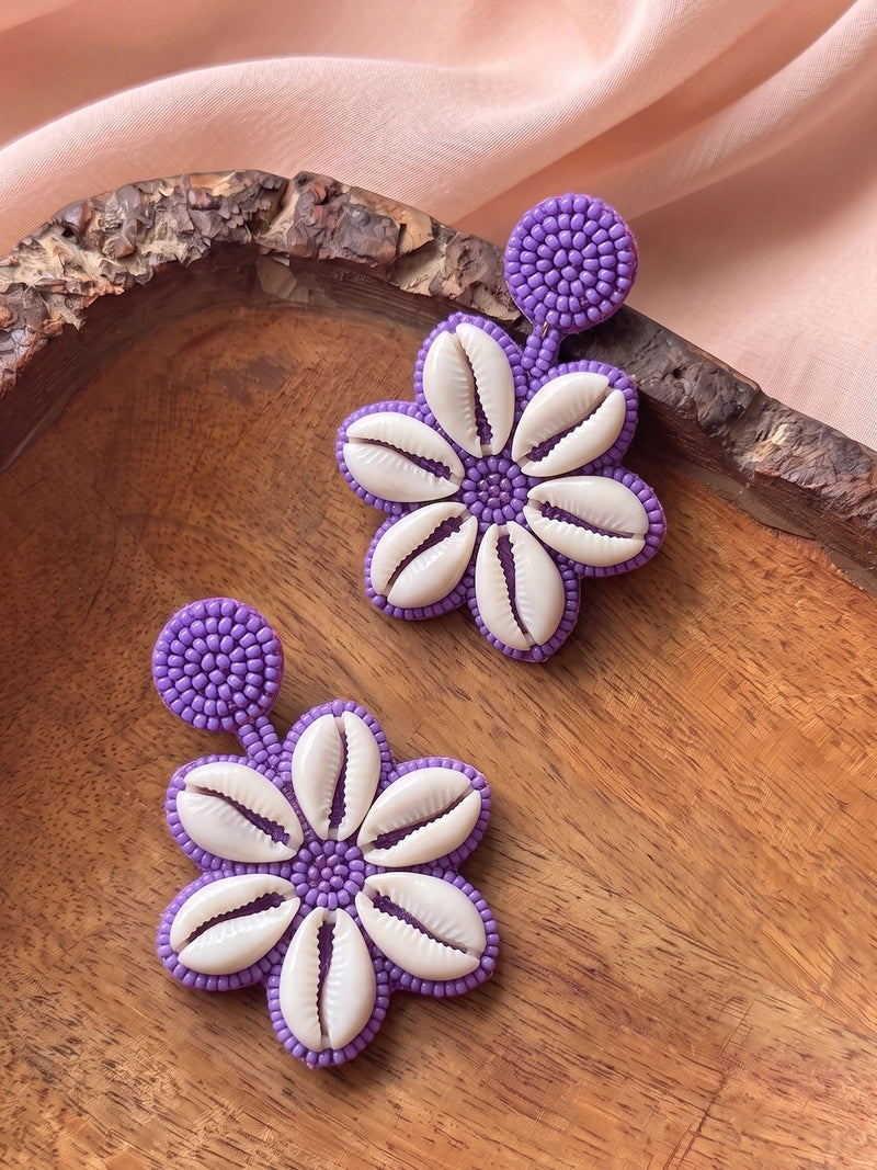 Handcrafted Seashell Charm Flower Statement Earrings – White Purple