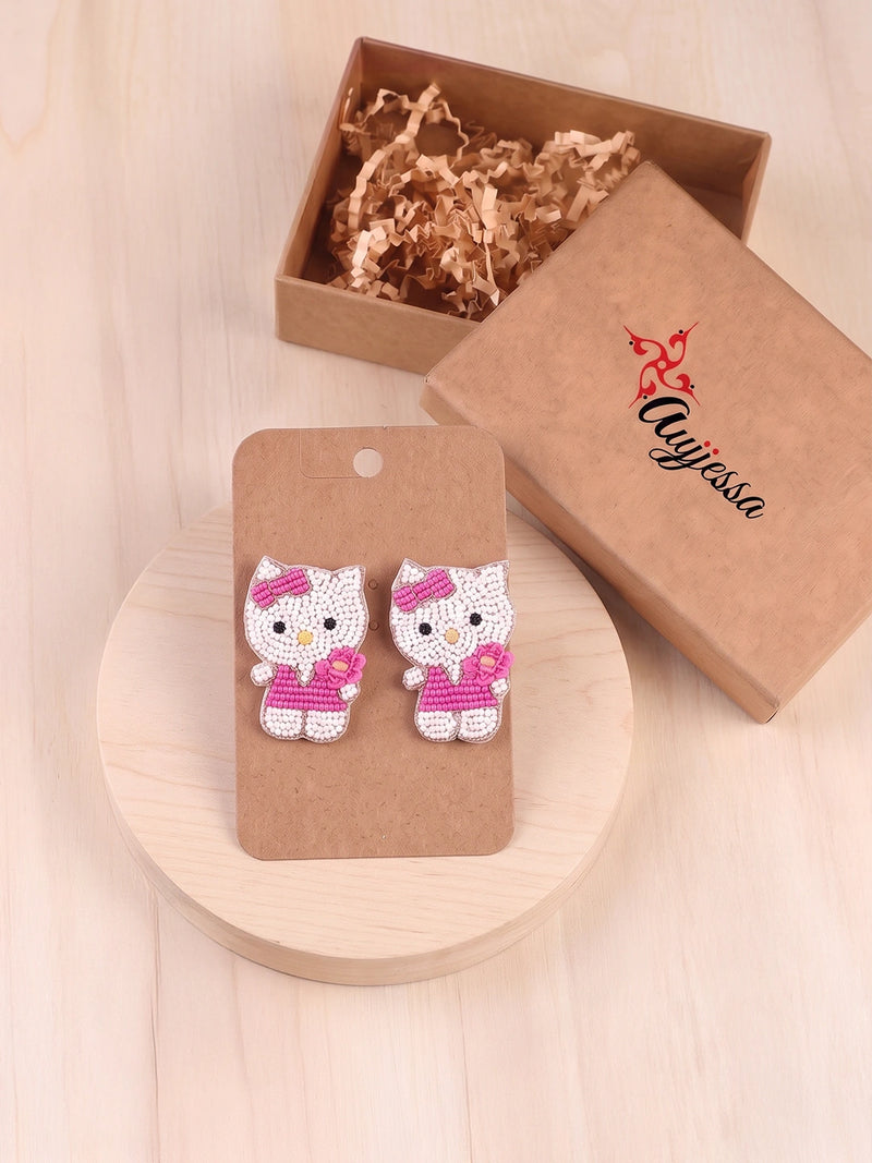 Cute Kitty Mom Handcrafted Beaded Statement Earrings – Pink
