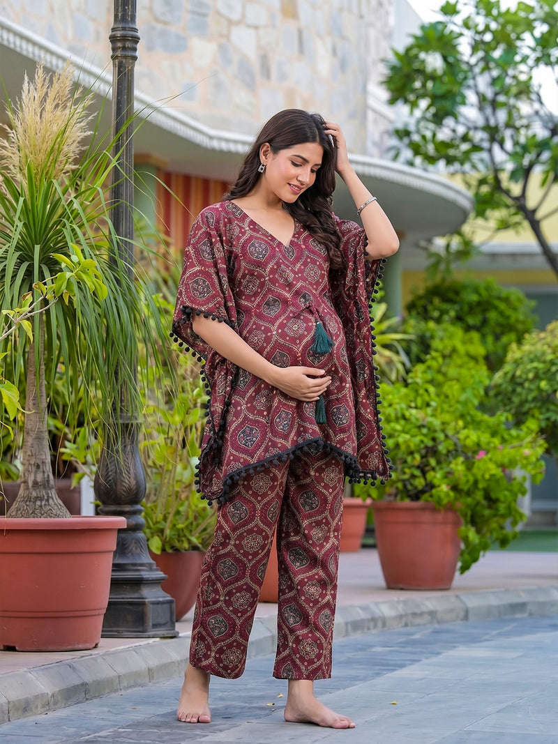 Maroon Grey Ethnic Printed Maternity Feeding Kaftan Night Suit