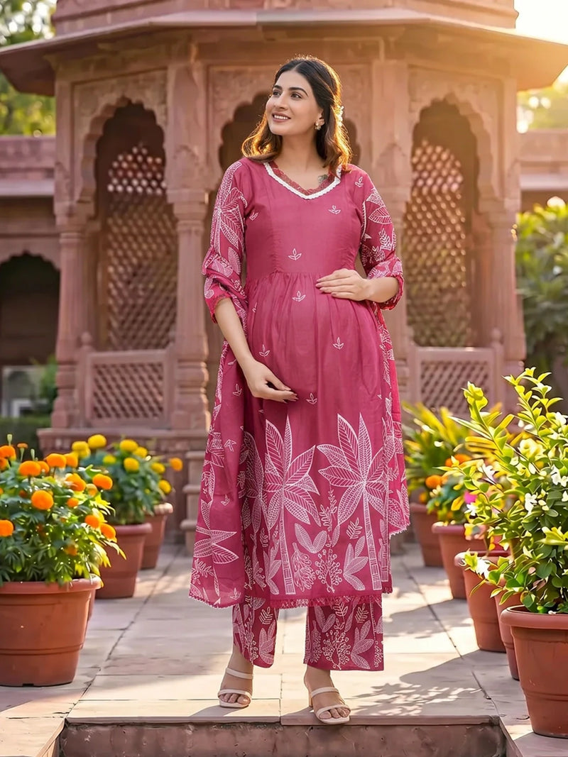 Fuchsia White Printed Maternity & Feeding Kurta Suit With Dupatta