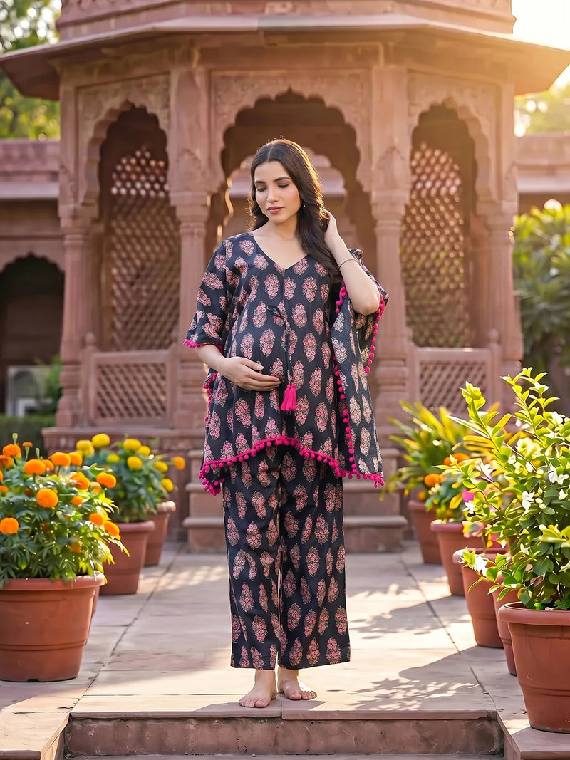 Black Fuchsia Ethnic Printed Maternity & Feeding Night Suit