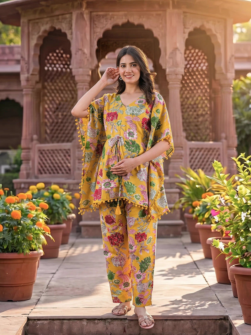 mustard-multi-floral-printed-maternity feeding-friendly-kaftan-night-suit