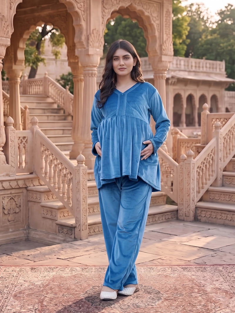 Teal Blue Velvet Maternity Feeding Night Suit