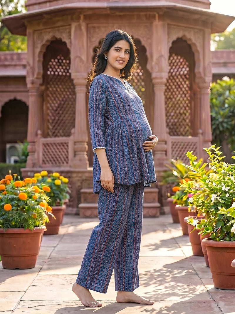 Indigo Multi Geometric Printed Cotton Maternity Feeding Night Suit