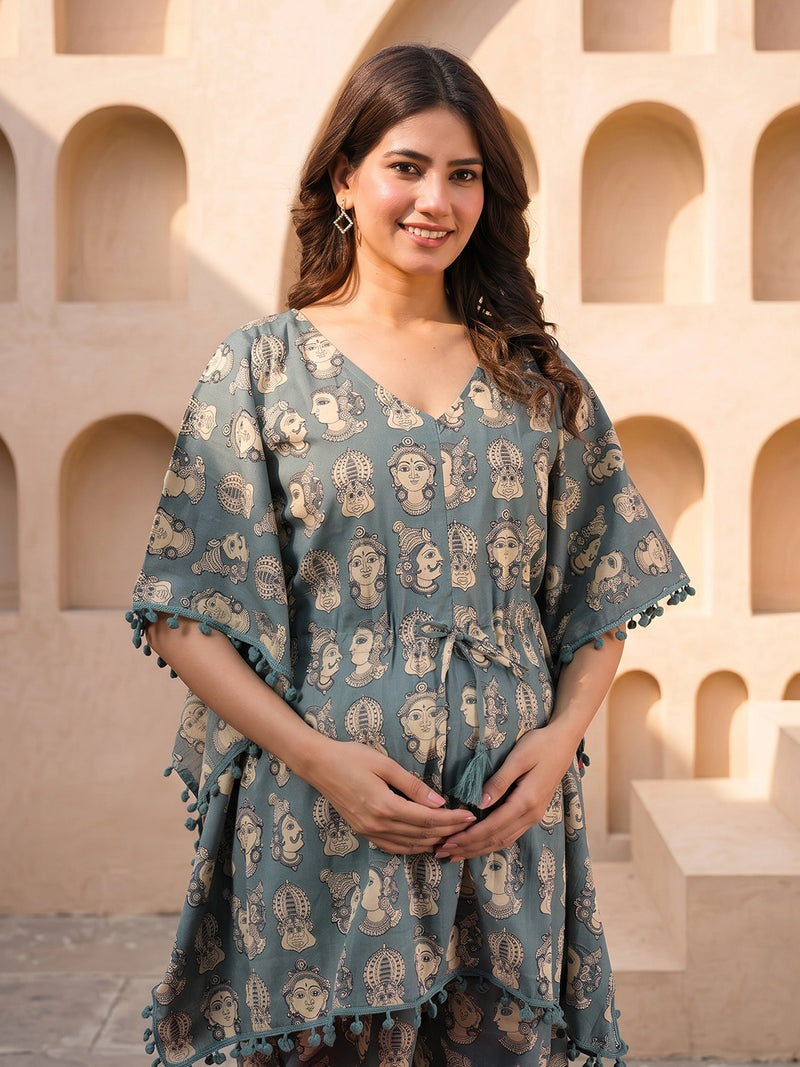 grey-ethnic-motifs-print-maternity feeding-friendly-kaftan-night-suit