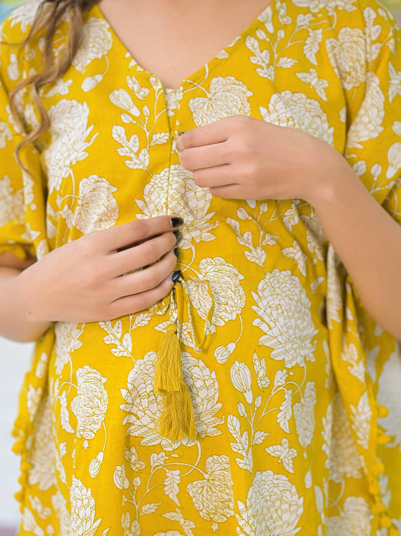 Mustard Floral Printed Maternity Feeding Kaftan Night Suit